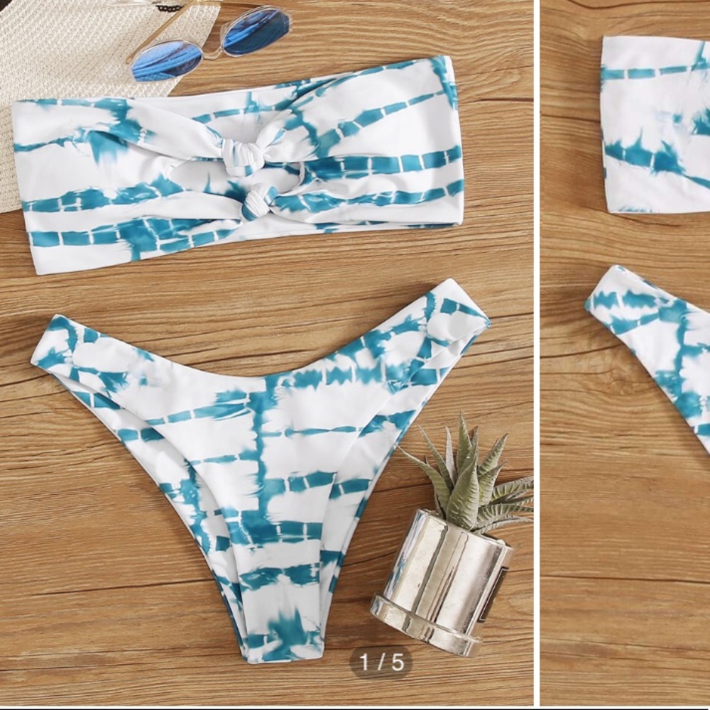 SHEIN White and Teal Tie-Dye Bandeau Bikini Set